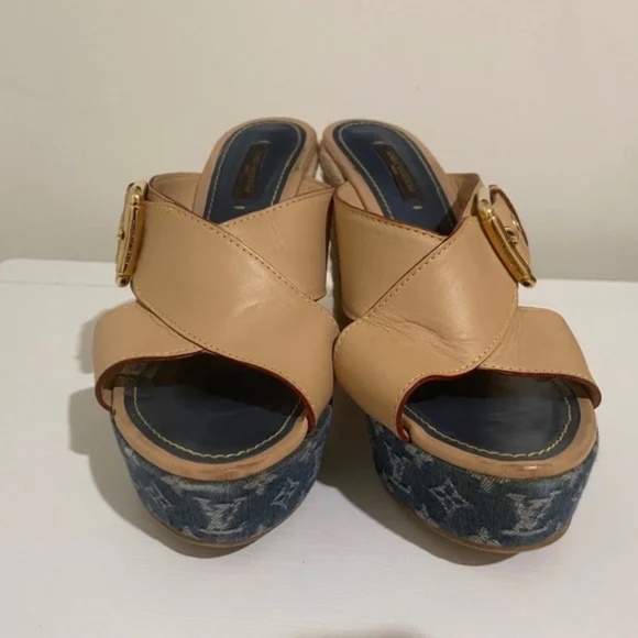 LV . Monogram Denim and Leather Espadrilles . 38 - Picture 14 of 15